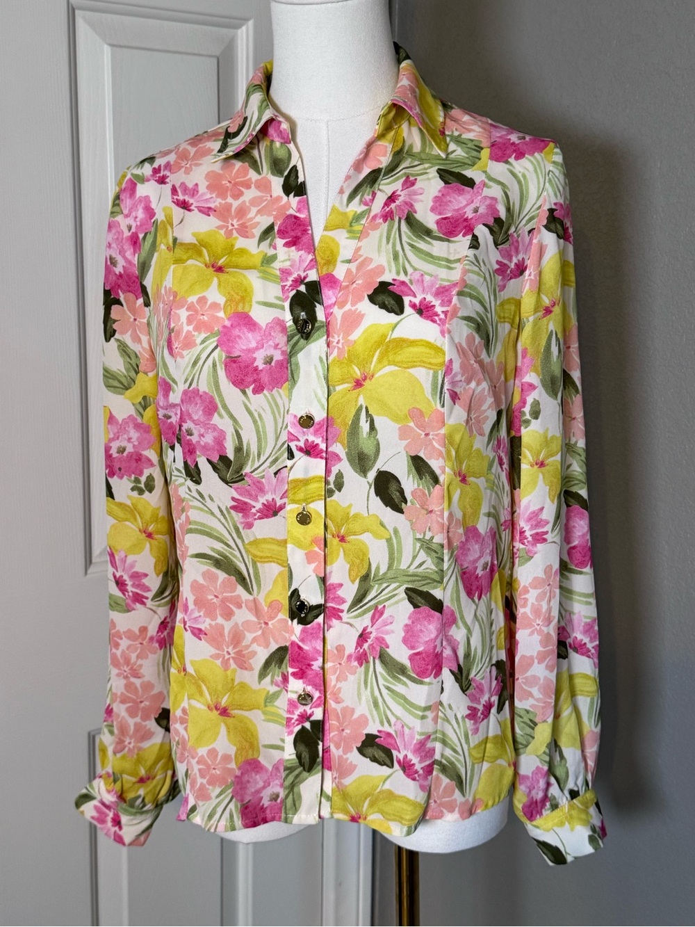 Anne Klein Floral Blouse in Pink, Yellow & Green